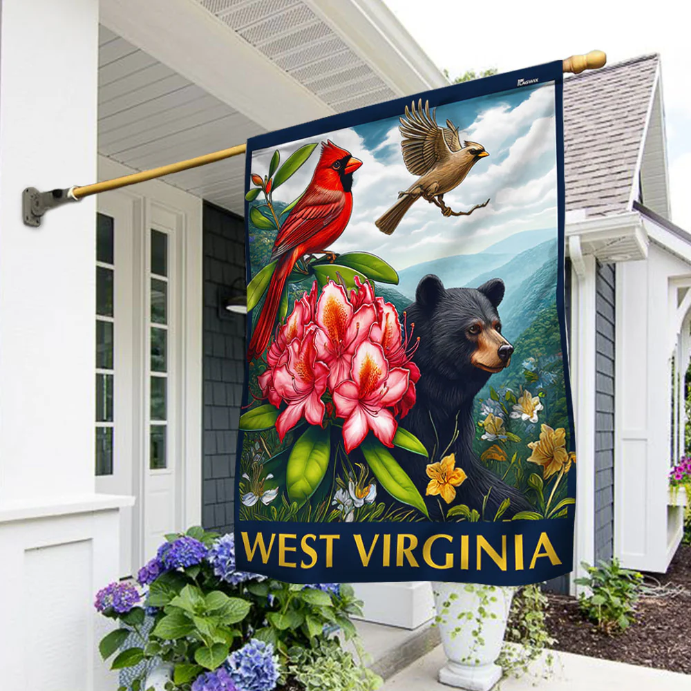 West Virginia  Cardinal and Rhododendron Flower and Black Bear Flag