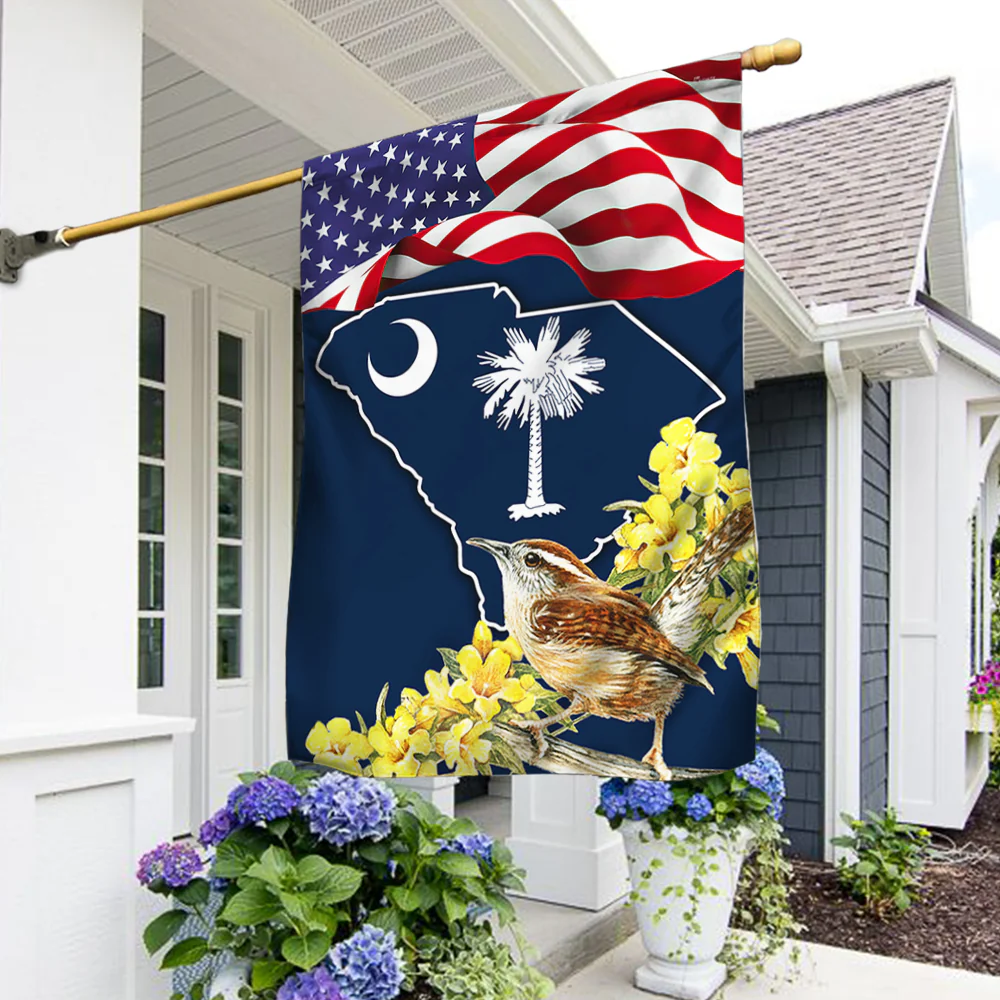South Carolina With Carolina Wren Bird and Yellow Jessamine Flower, South Carolina Flag