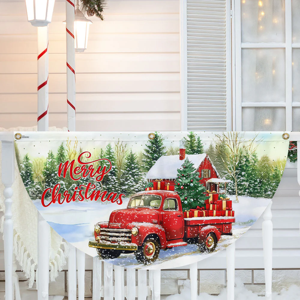 Red Pickup Truck Merry Christmas Non-Pleated Fan Flag