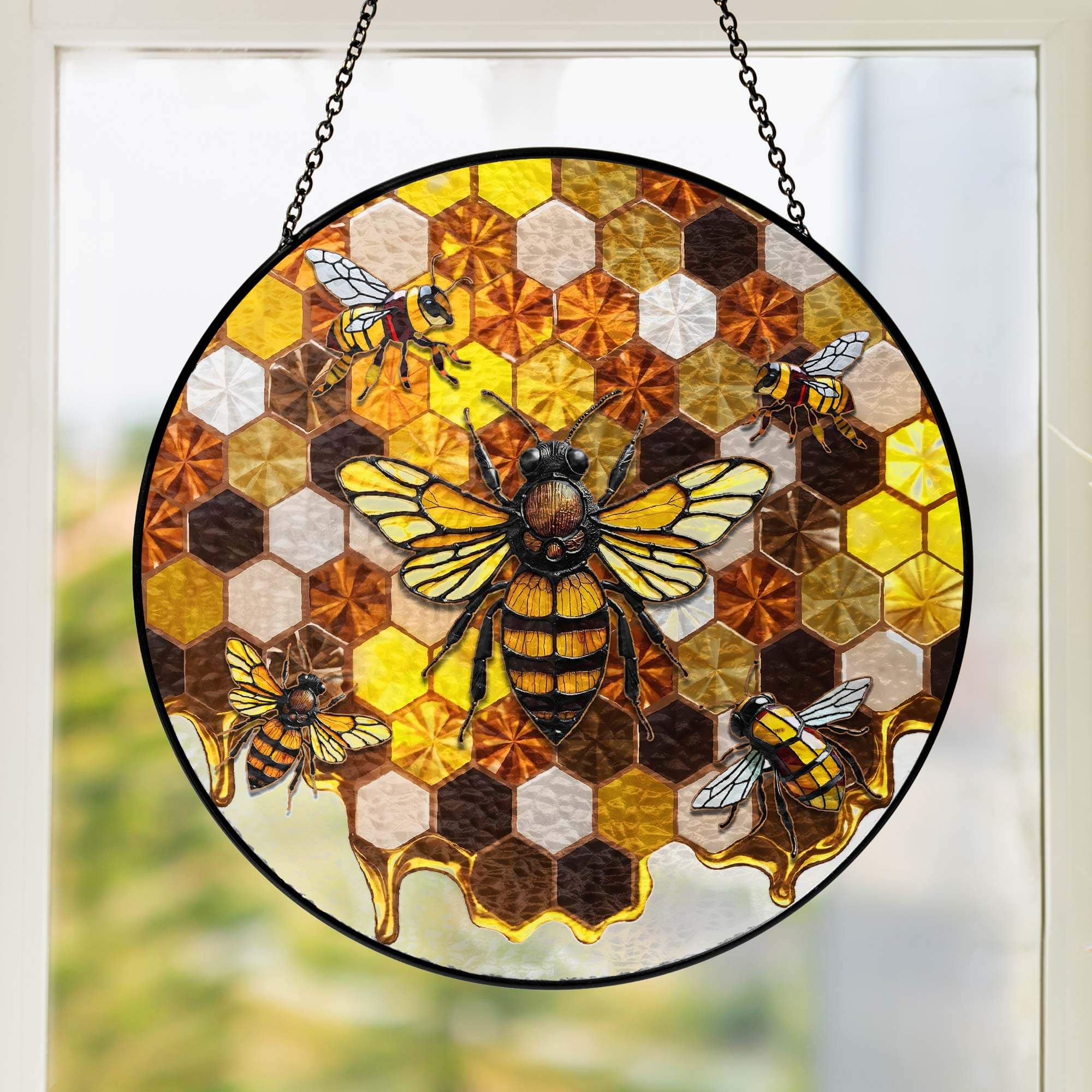 Honeycomb Bee Stained Glass Suncatcher