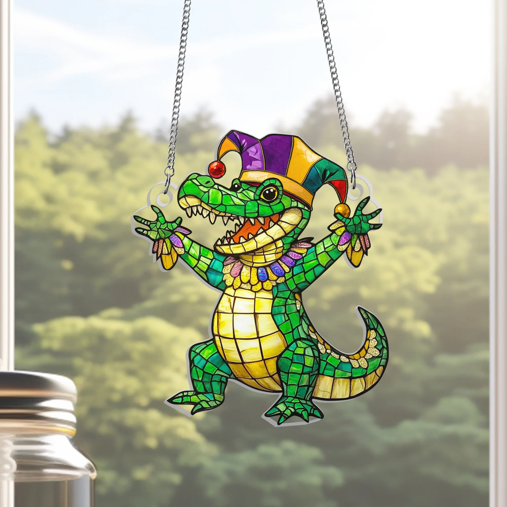 Mardi Gras Crocodile Suncatcher  Louisiana Acrylic Hanging Sign