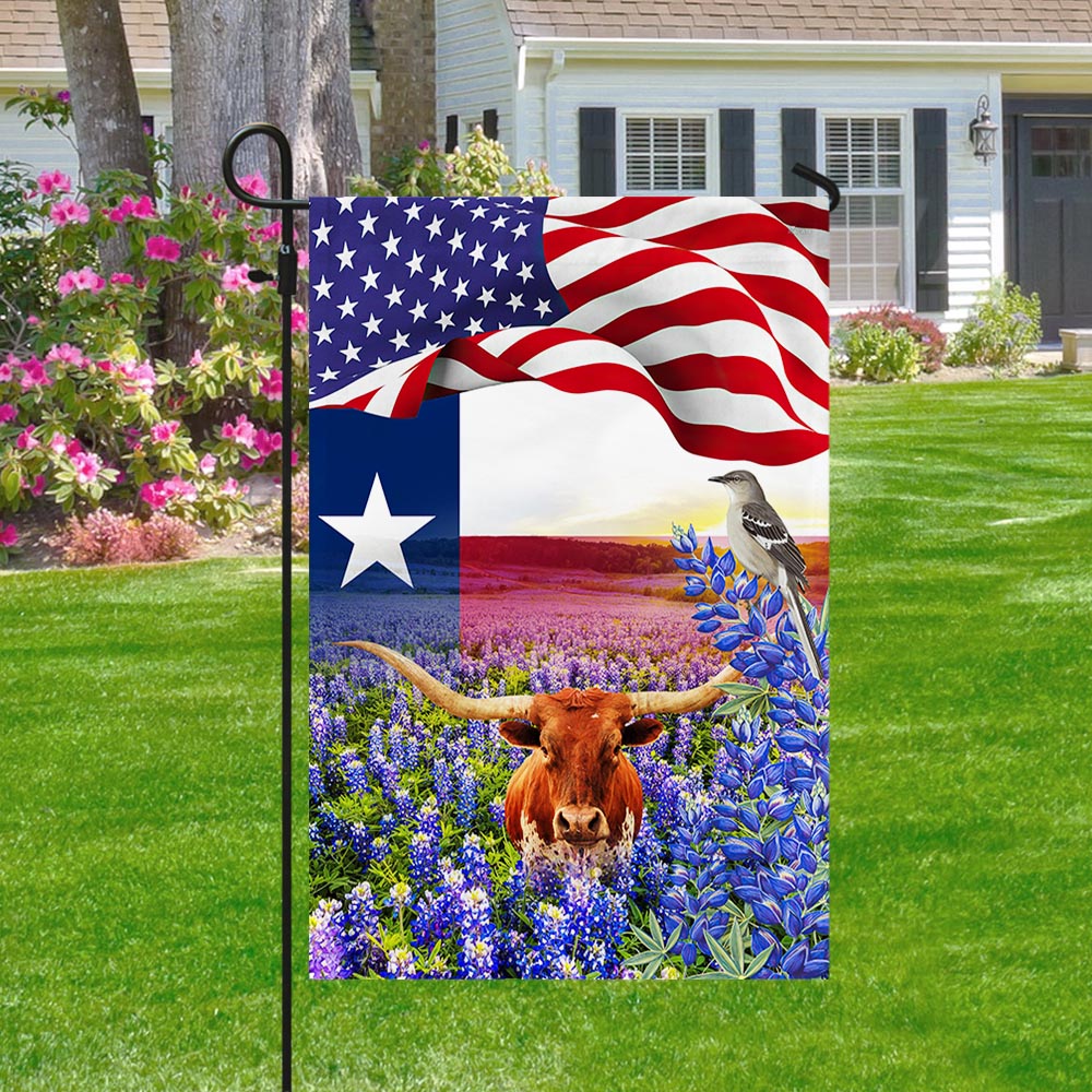 Texas  Bluebonnets With Longhorn and Mockingbird Texas Flag
