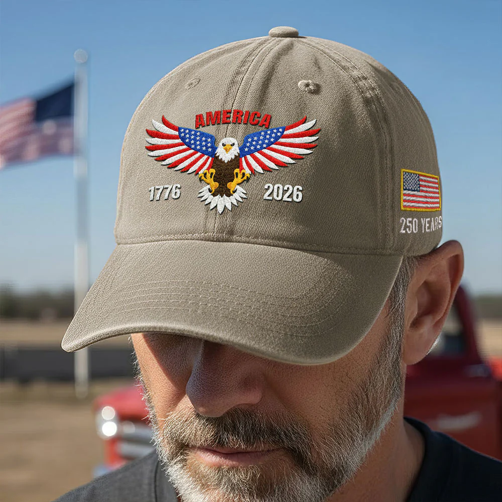 Patriotic 250 Years Washed Cap with Embroidered 1776 2026 American Flag