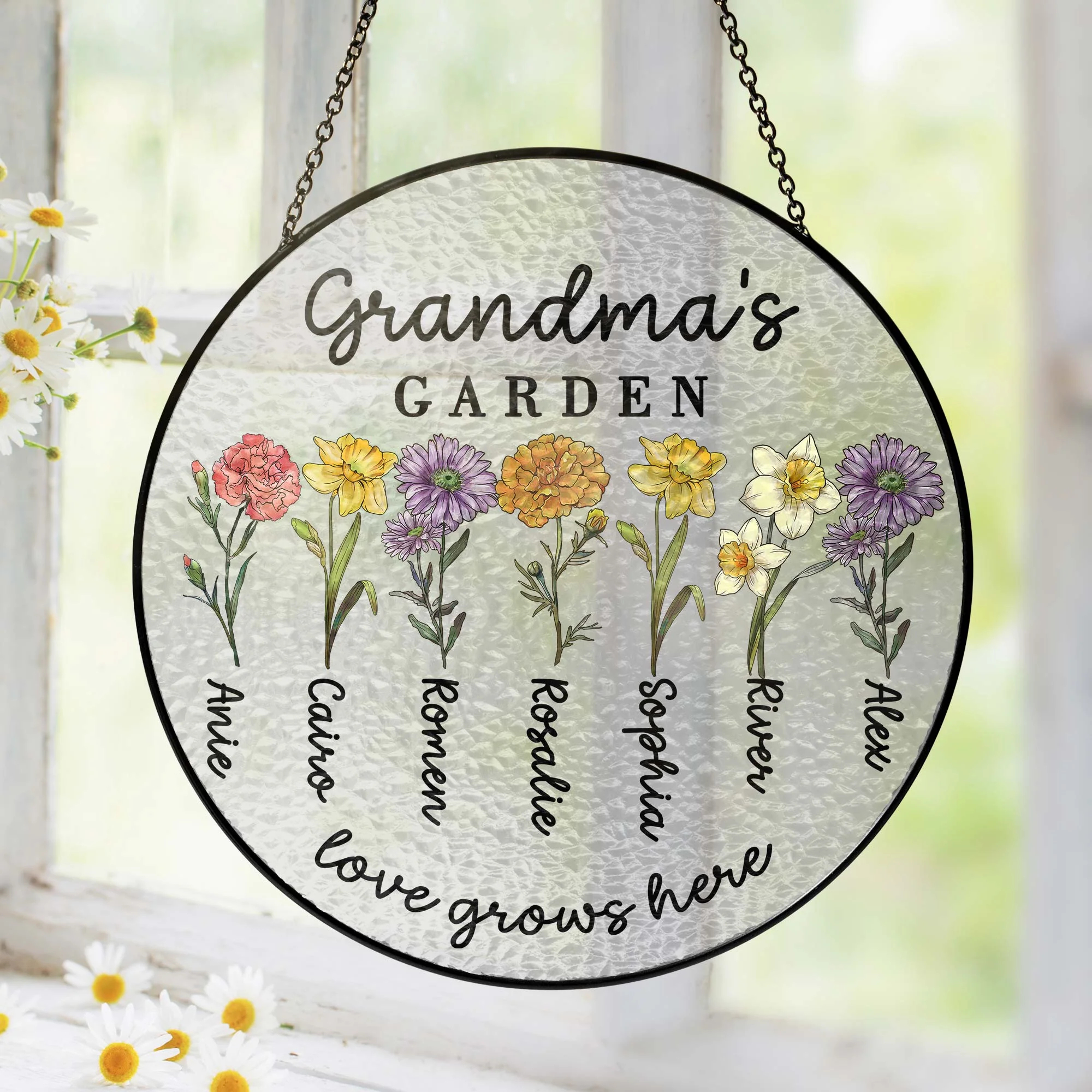 Custom Family Birth Flowers Glass Suncatcher, Custom Grandma's Garden Gift