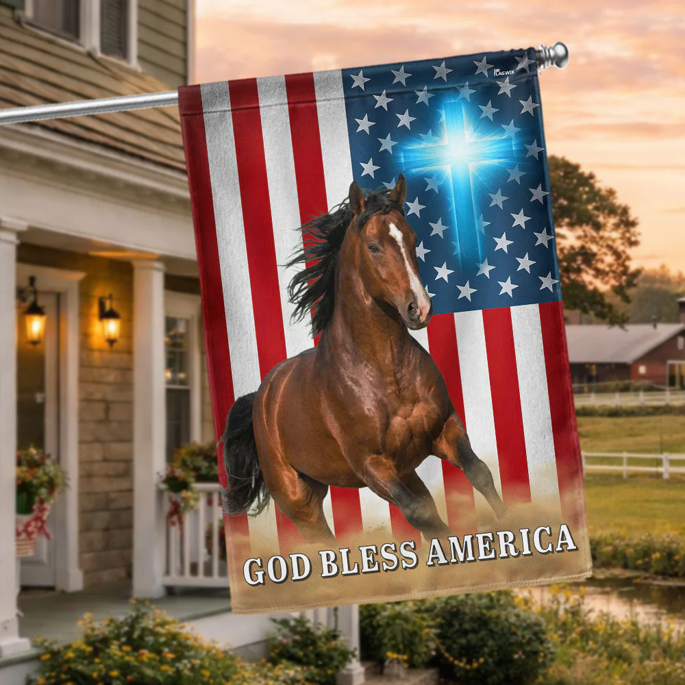 Patriotic Horse American Flag, God Bless Horse Farm Outdoor Flag