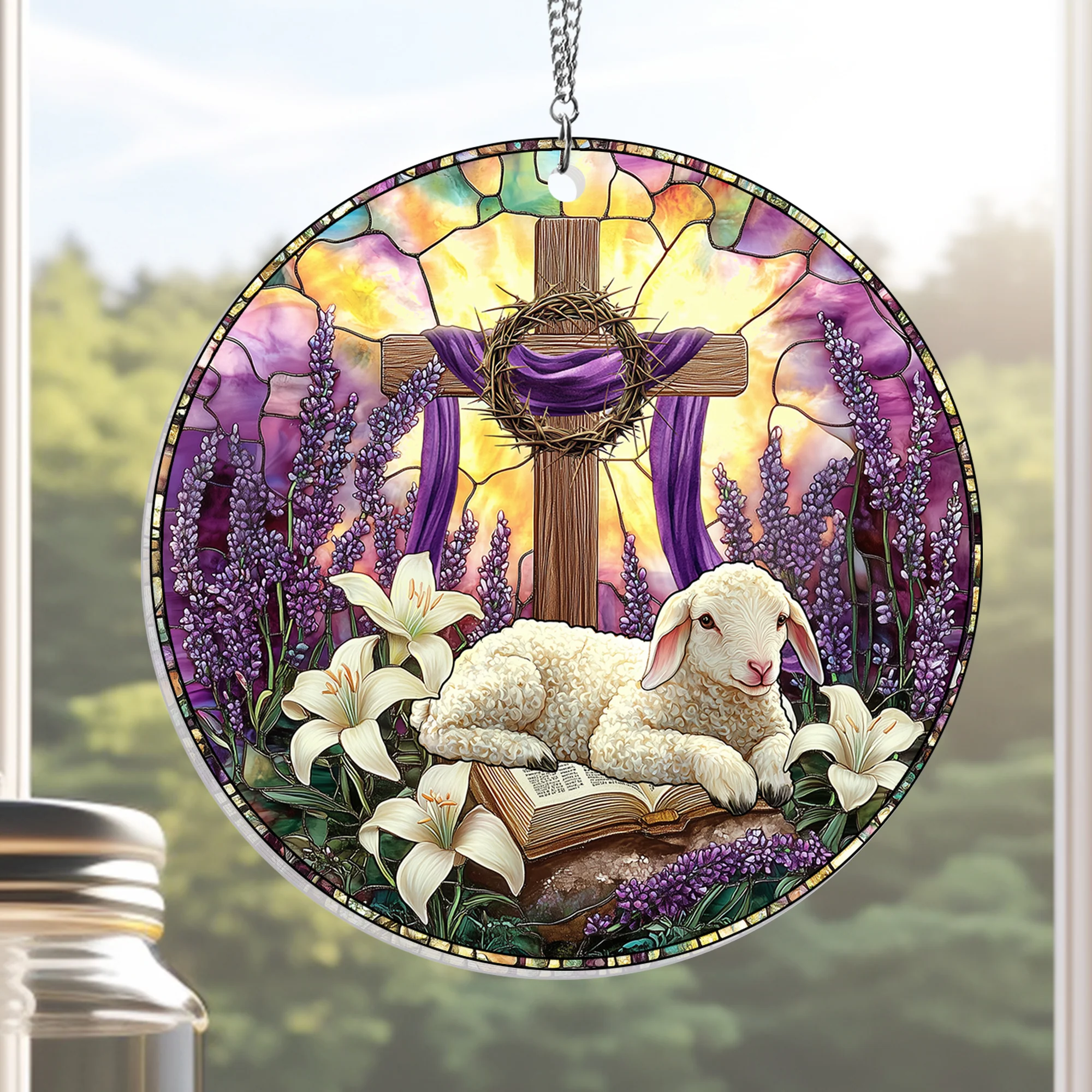 Easter Christian Cross Lamb Acrylic Suncatcher Window Hanging