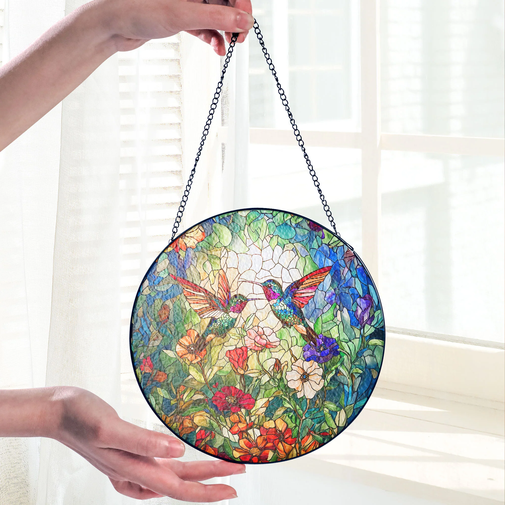 Hummingbirds In Flower Garden Hummingbird Stained Glass Suncatcher