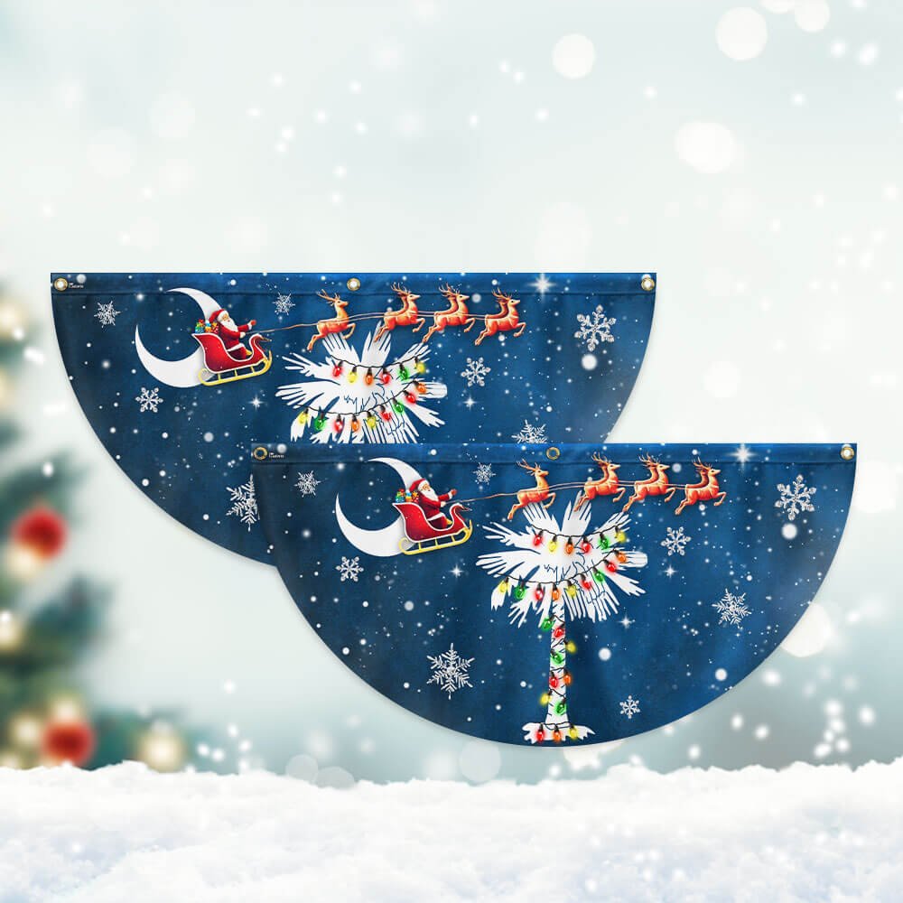 South Carolina Christmas Fan Flag - Santa & Palm Tree Non-Pleated Décor  - 3-Day Shipping