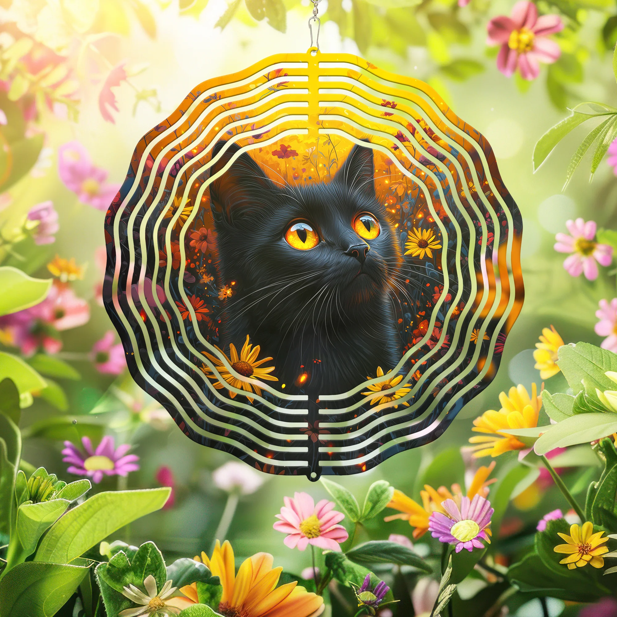 Black Cat In Flower Garden Wind Spinner