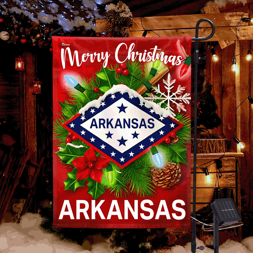 Arkansas Flag Merry Christmas Solar LED Garden Flag
