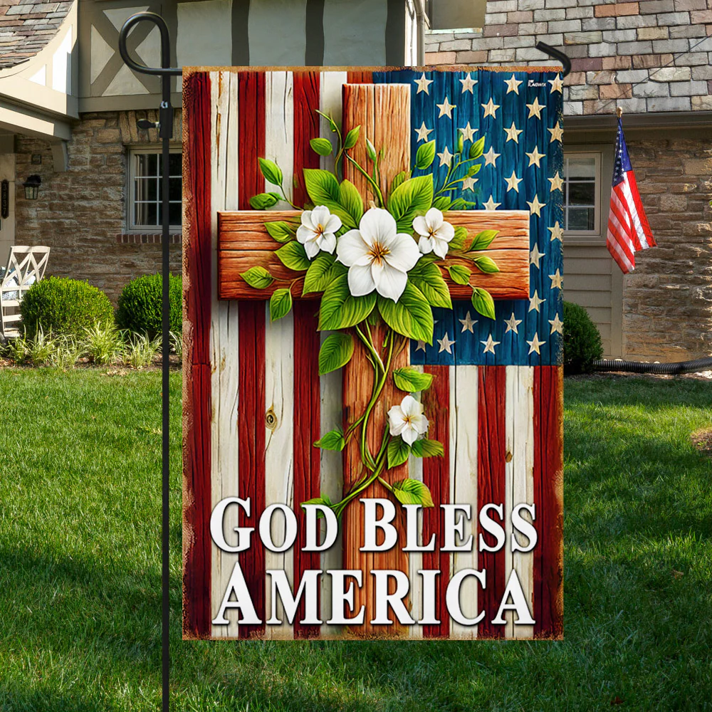 God Bless America Christian Cross American Flag