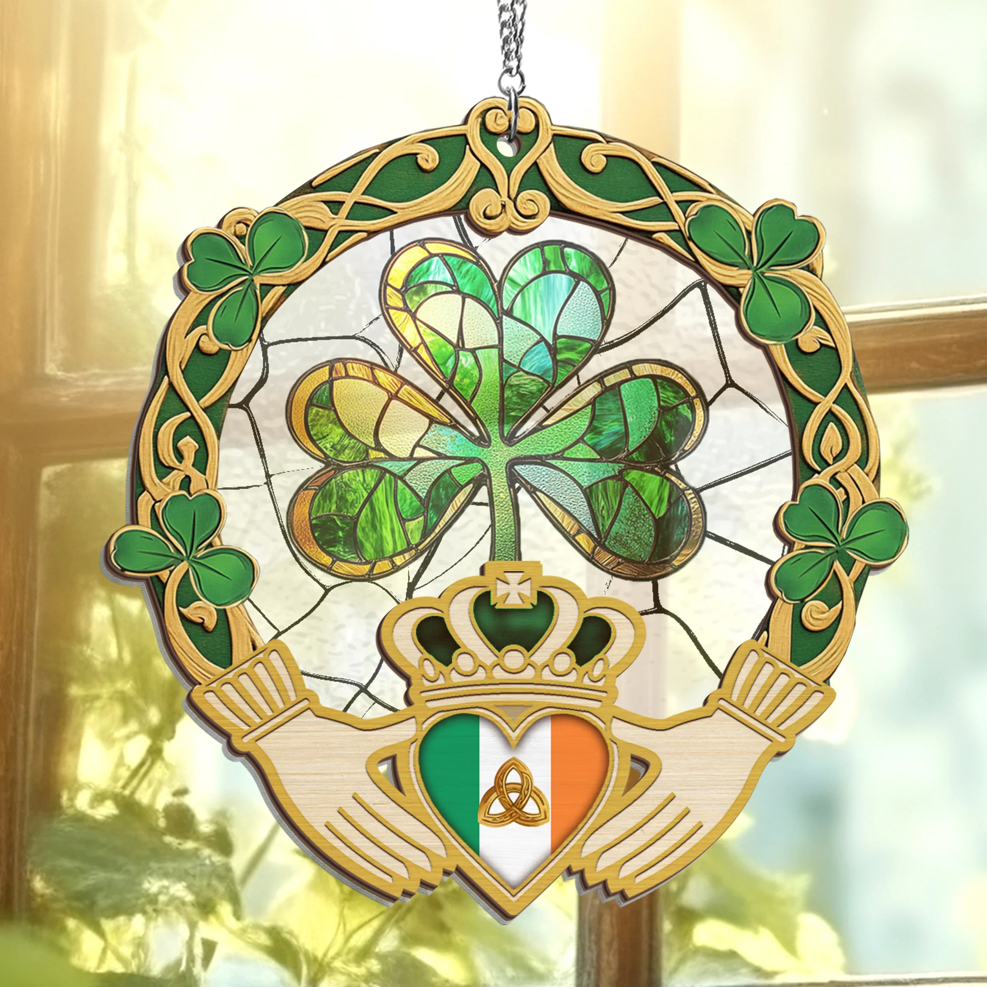 Irish Shamrock Claddagh Window Suncatcher – 2 Layer Hanging Ornament, Unique Irish Gift for Home & Friends 3-Day Shipping