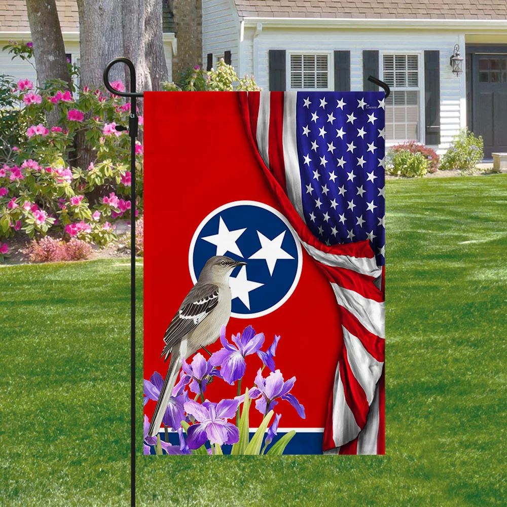 Bimipi American Flag - Tennessee State With Mocking Bird and Iris Flower, Tennessee American Flag