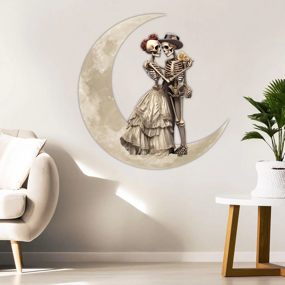 Skeleton Couple On The Moon Skull Lover Valentine's Day Hanging Metal Sign