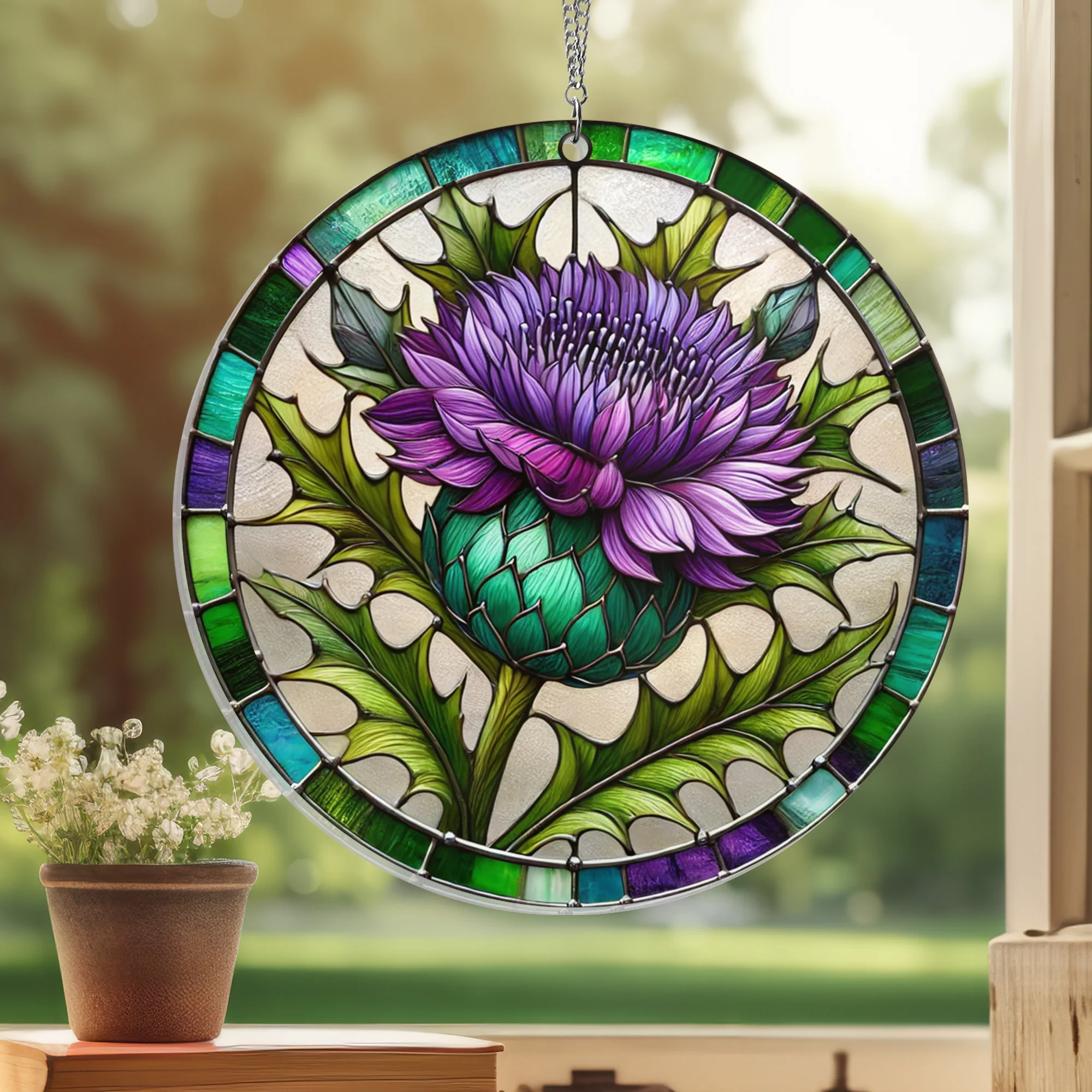 Purple Thistles Flower Suncatcher Acrylic Hanging Sign