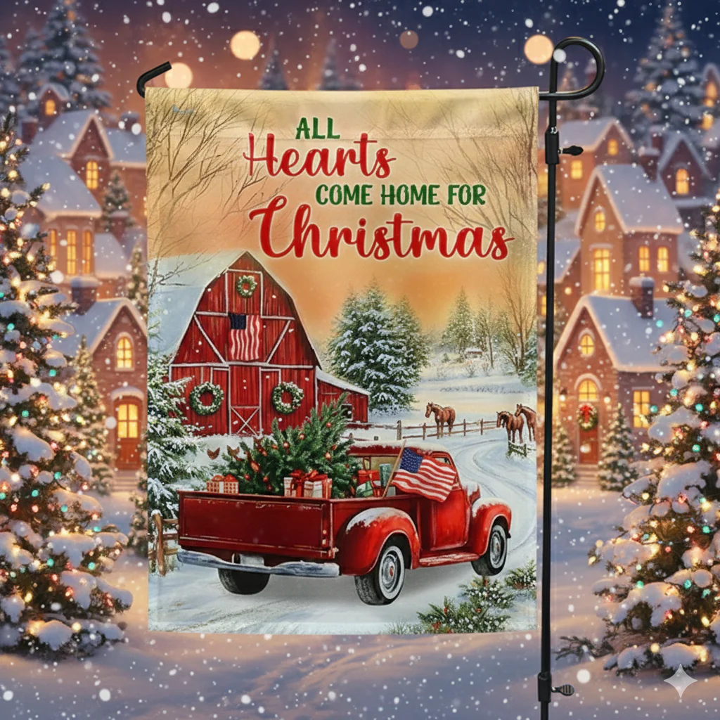 Farmhouse Red Truck All Hearts Come Home For Christmas American Flag