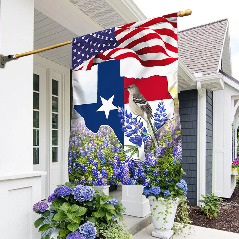 Texas  Bluebonnets With Longhorn and Mockingbird Texas Flag
