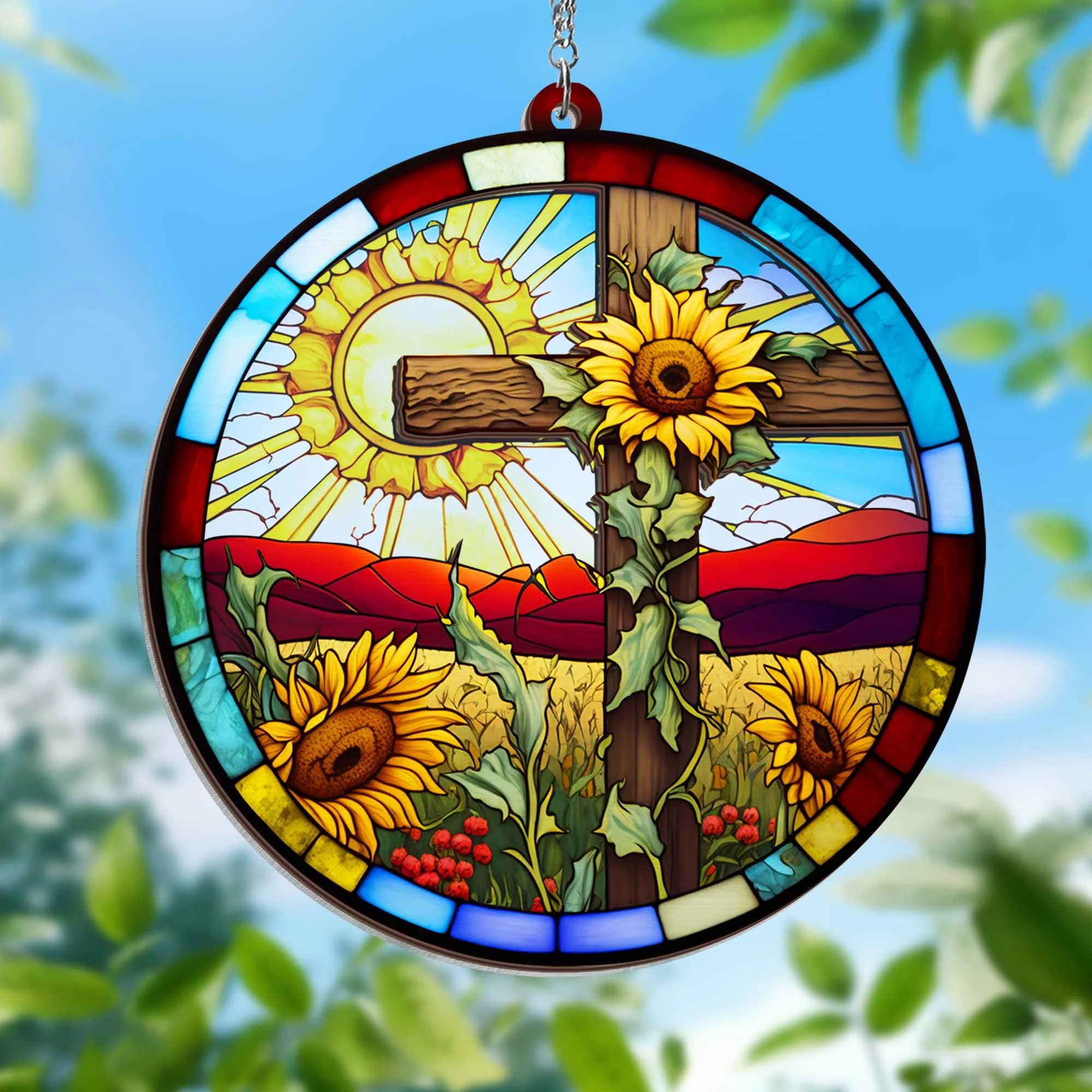 Christian Cross Sunflower 2 Layered Hanging Suncatcher