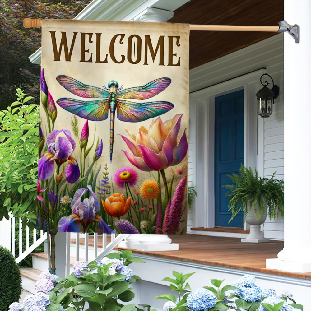 Welcome Spring Dragonfly Flowers Flag for Outdoor Home Decor, Floral Design