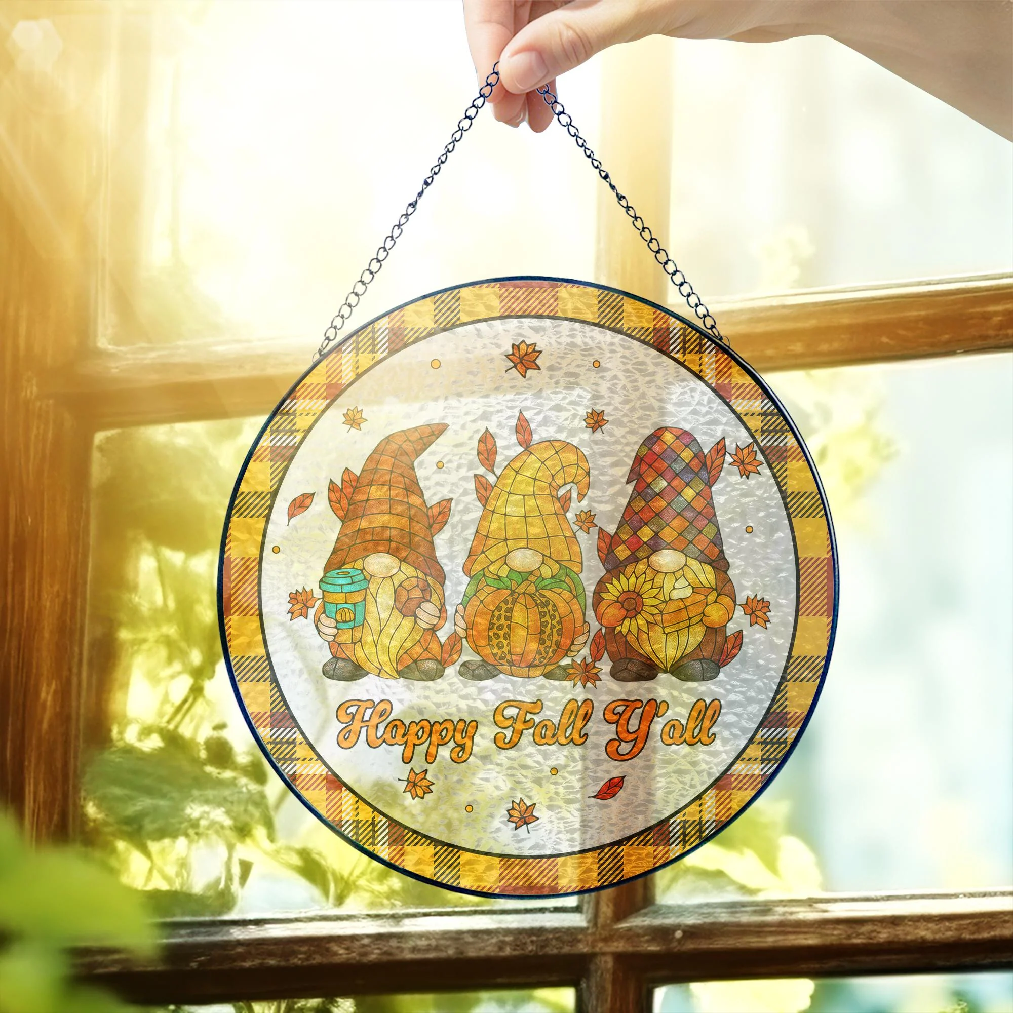 Happy Fall Y'all Gnomes Pumpkin Autumn Thanksgiving Stained Glass Suncatcher 3-Day Shipping