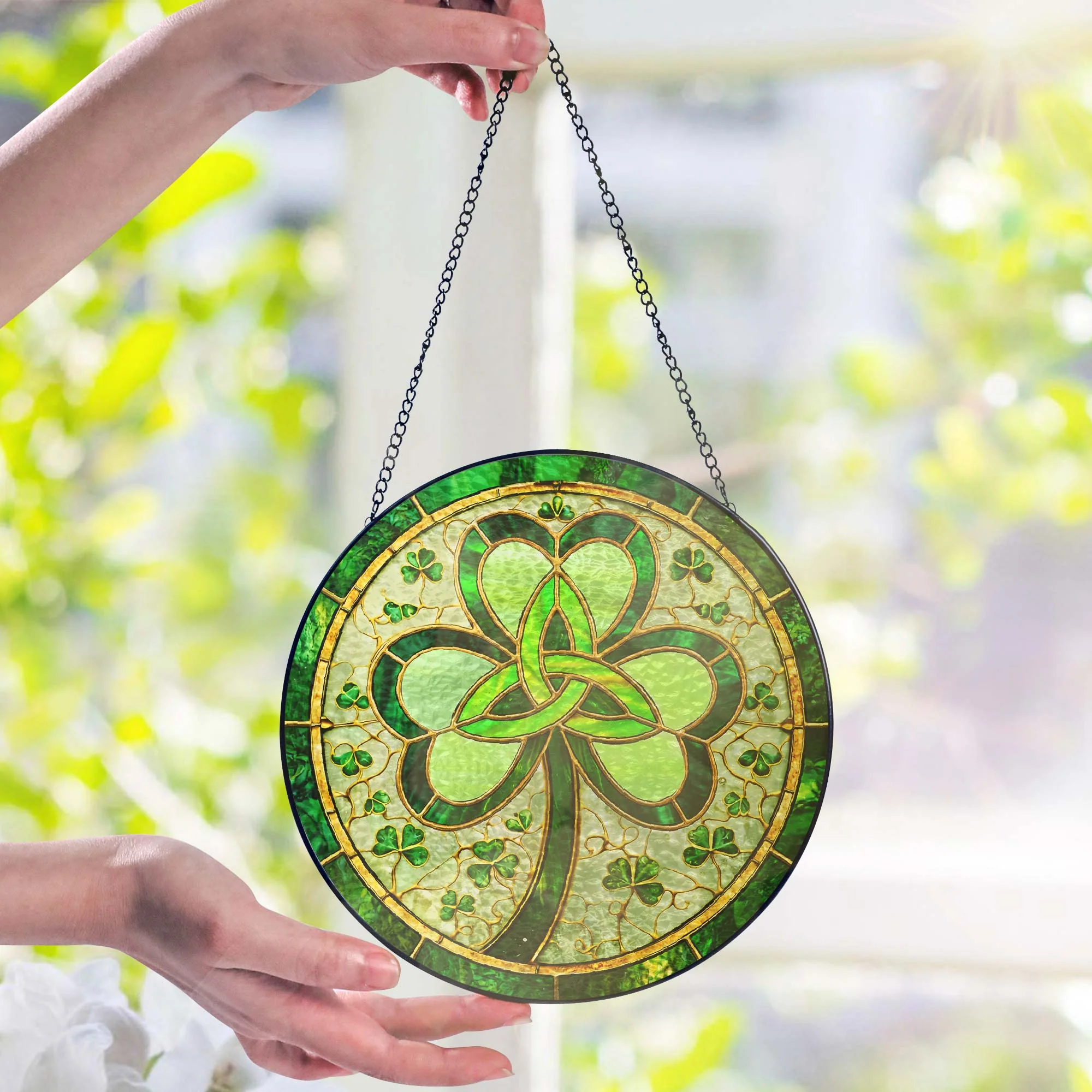 Irish Celtic Knot Shamrock Stained Glass Suncatcher for St. Patrick’s