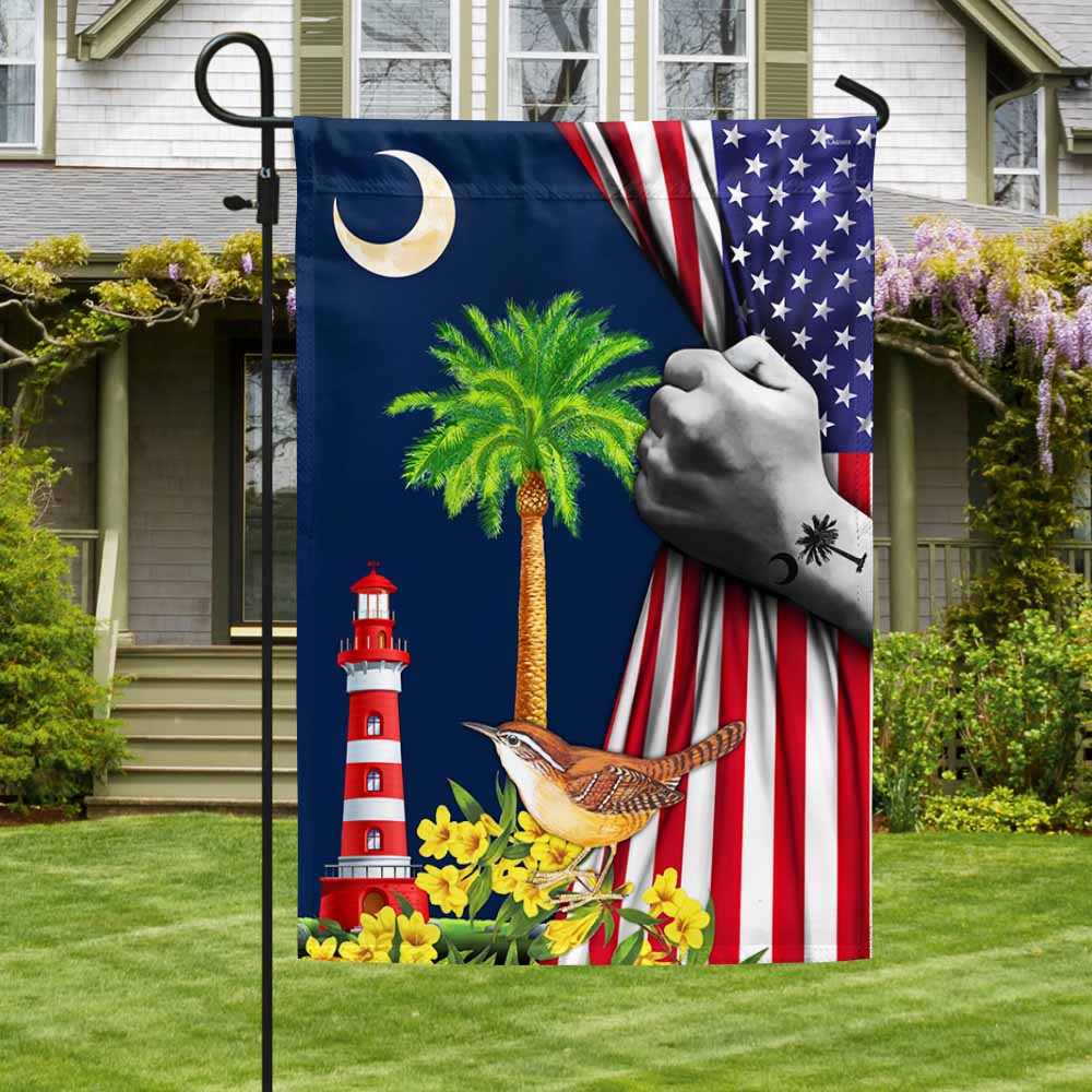South Carolina American Flag Palmetto Tree and Moon. Carolina Wren Bird and Yellow Jessamine Flower