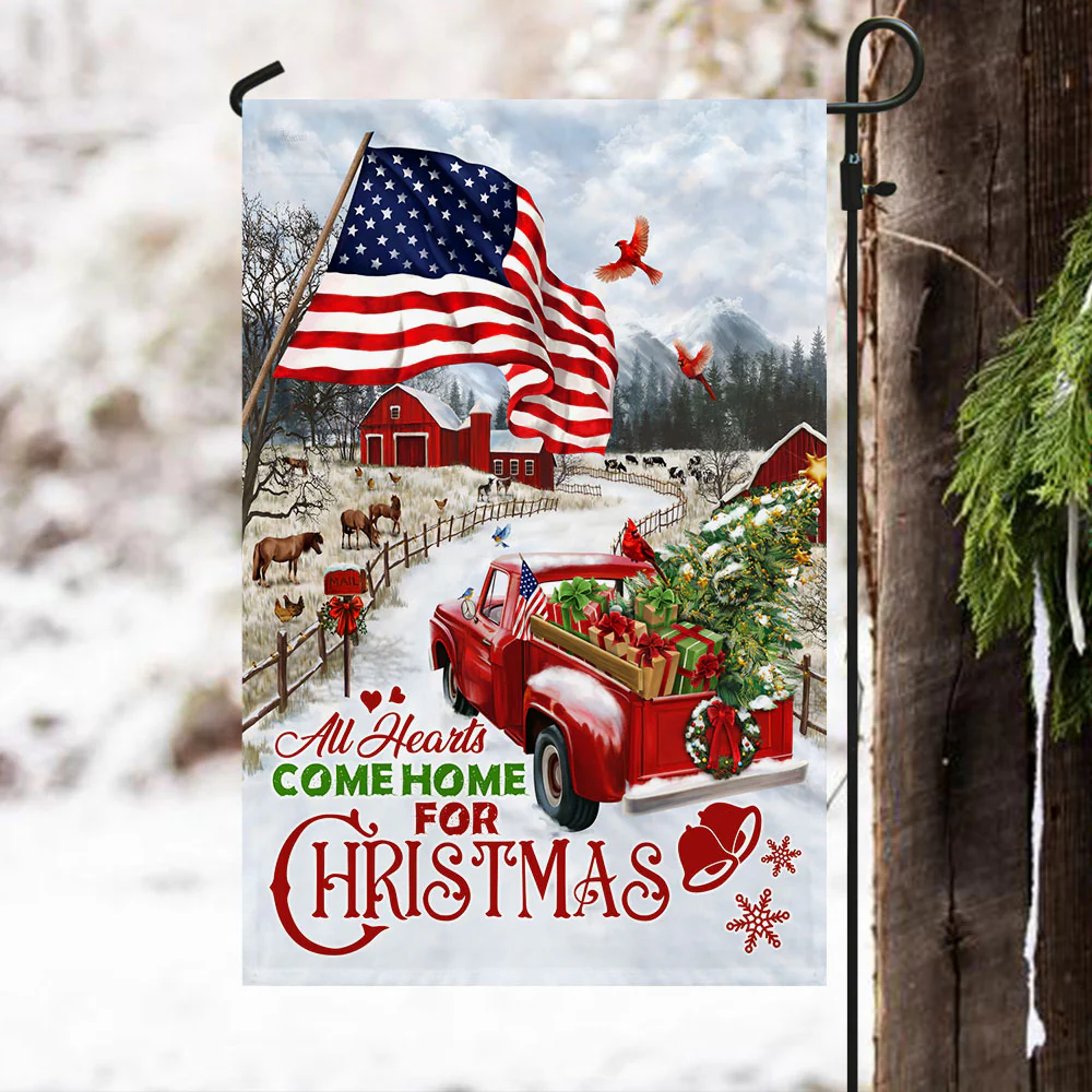 Red Truck American Flag All Hearts Come Home For Christmas