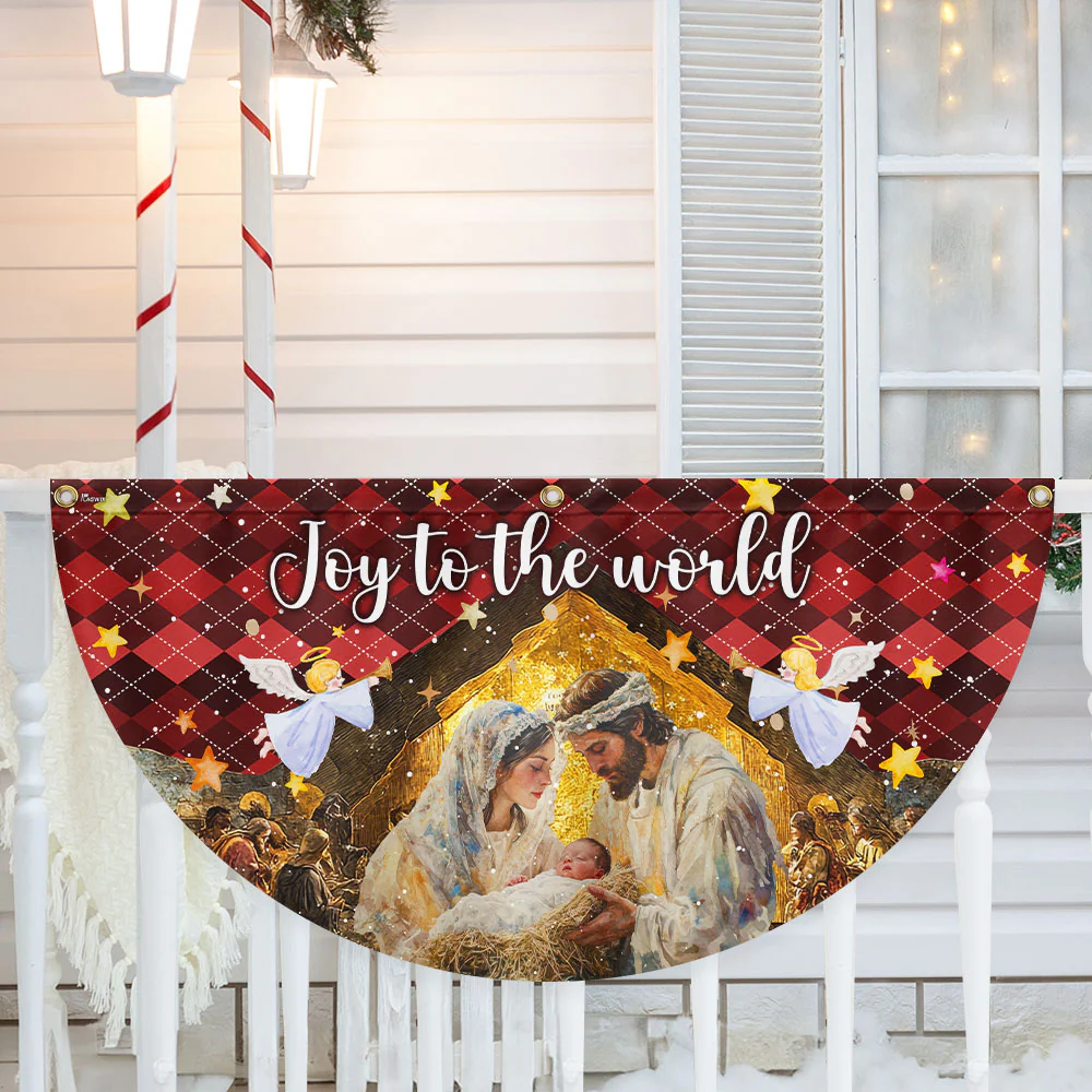 Holy Family Nativity Fan Flag - 'Joy to the World' Non-Pleated Christmas Décor  - 3-Day Shipping