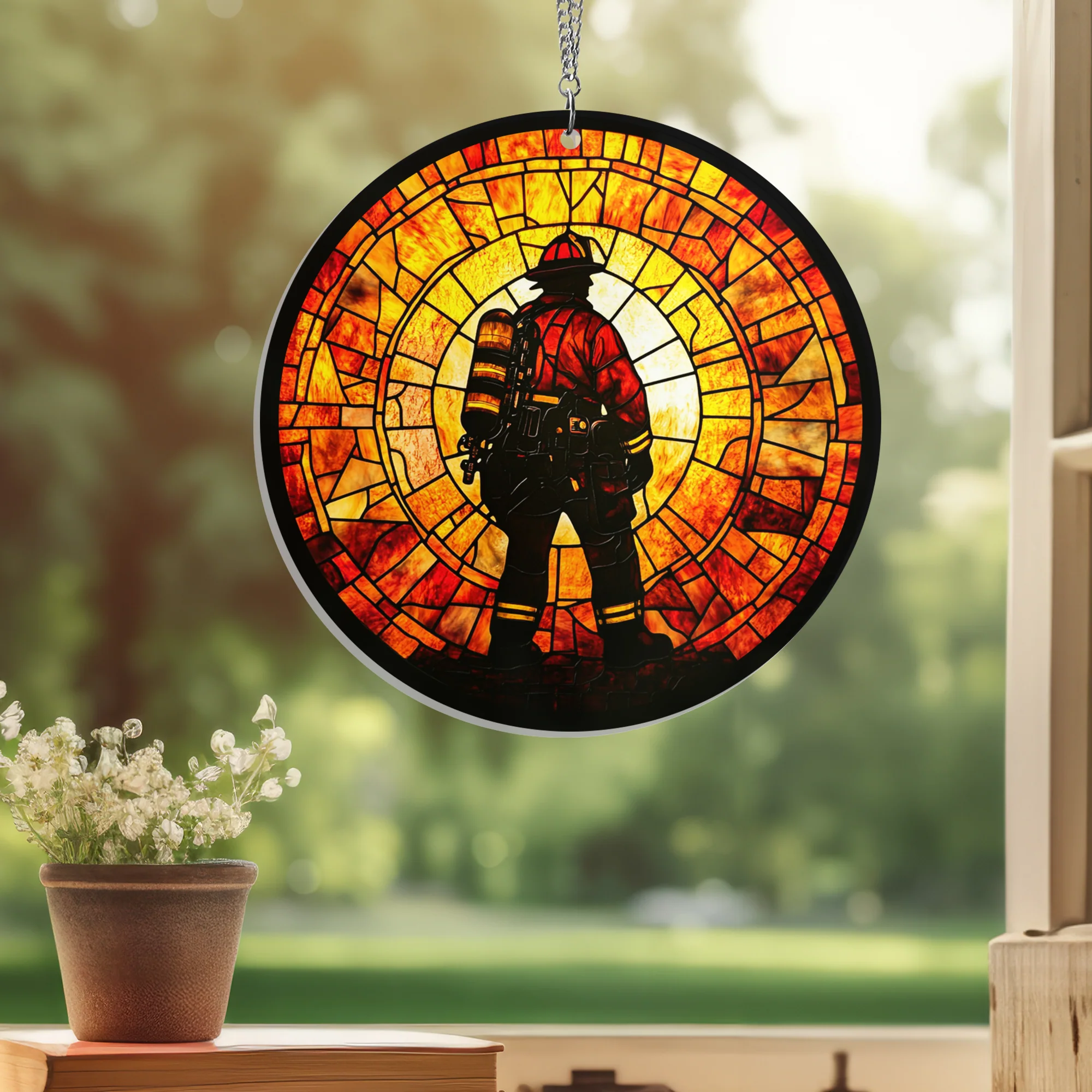 Firefighter Suncatcher 9/11 Memorial Acrylic Hanging Decor, Never Forget Hero Ornament, Patriotic Fireman Window Decoration For Patriot Day Tribute