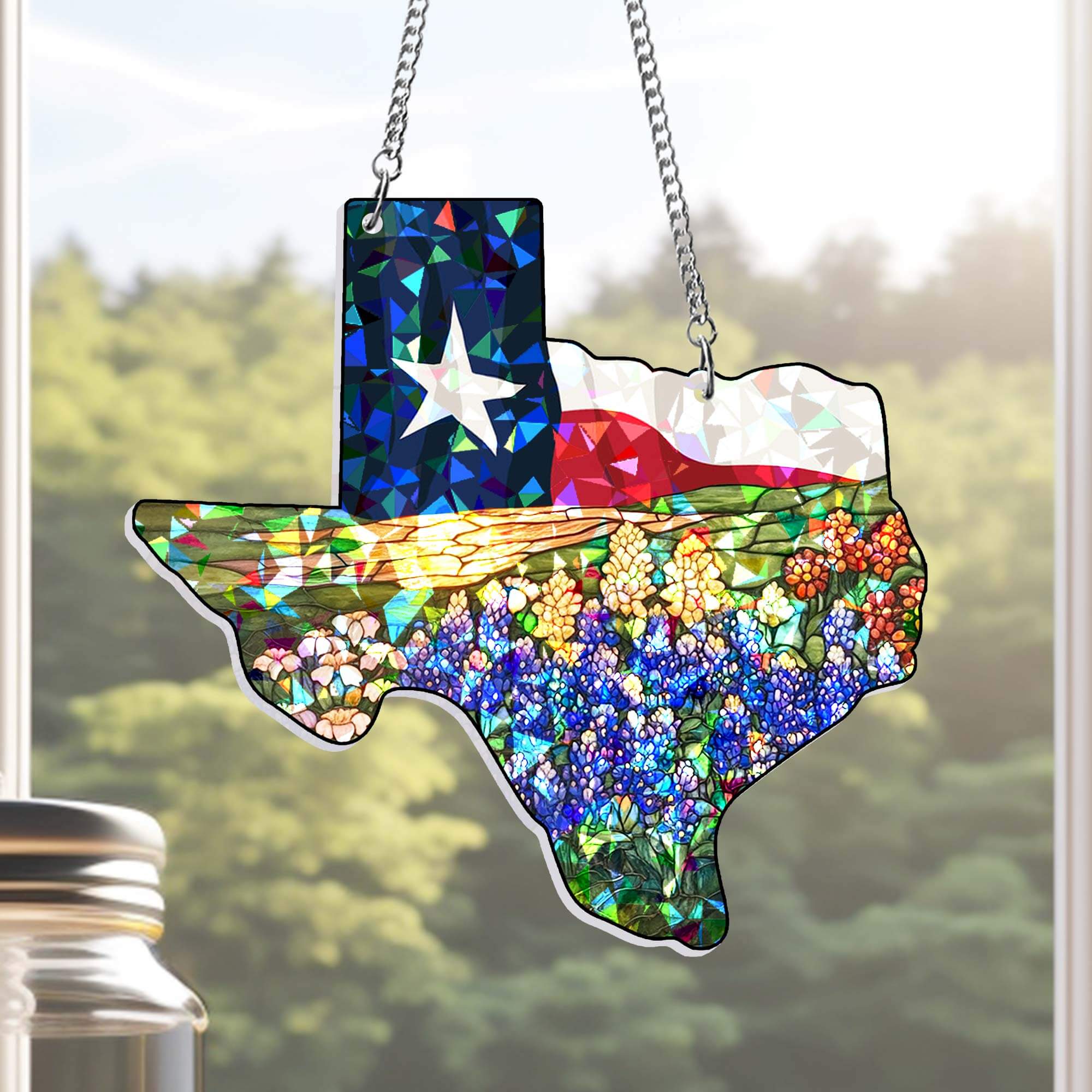 Texas Flag and Bluebonnets Flower Hologram Window Hanging