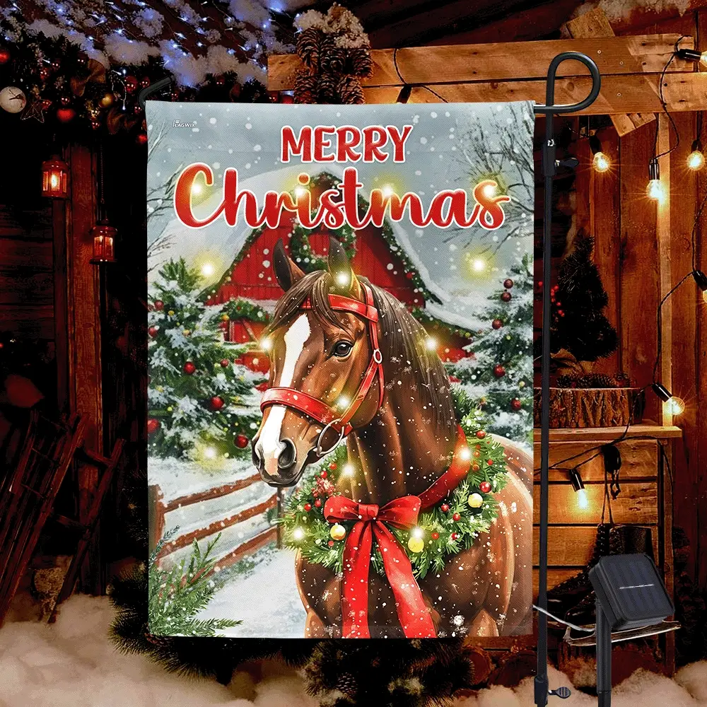 Merry Christmas Horse Solar LED Garden Flag, Red Barn Festive Farm Decor