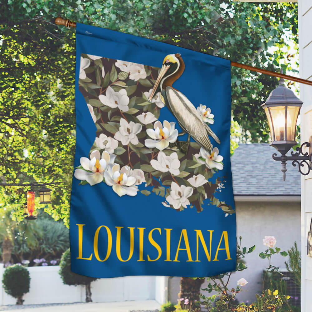 Louisiana Flag Brown Pelican With Magnolia Map