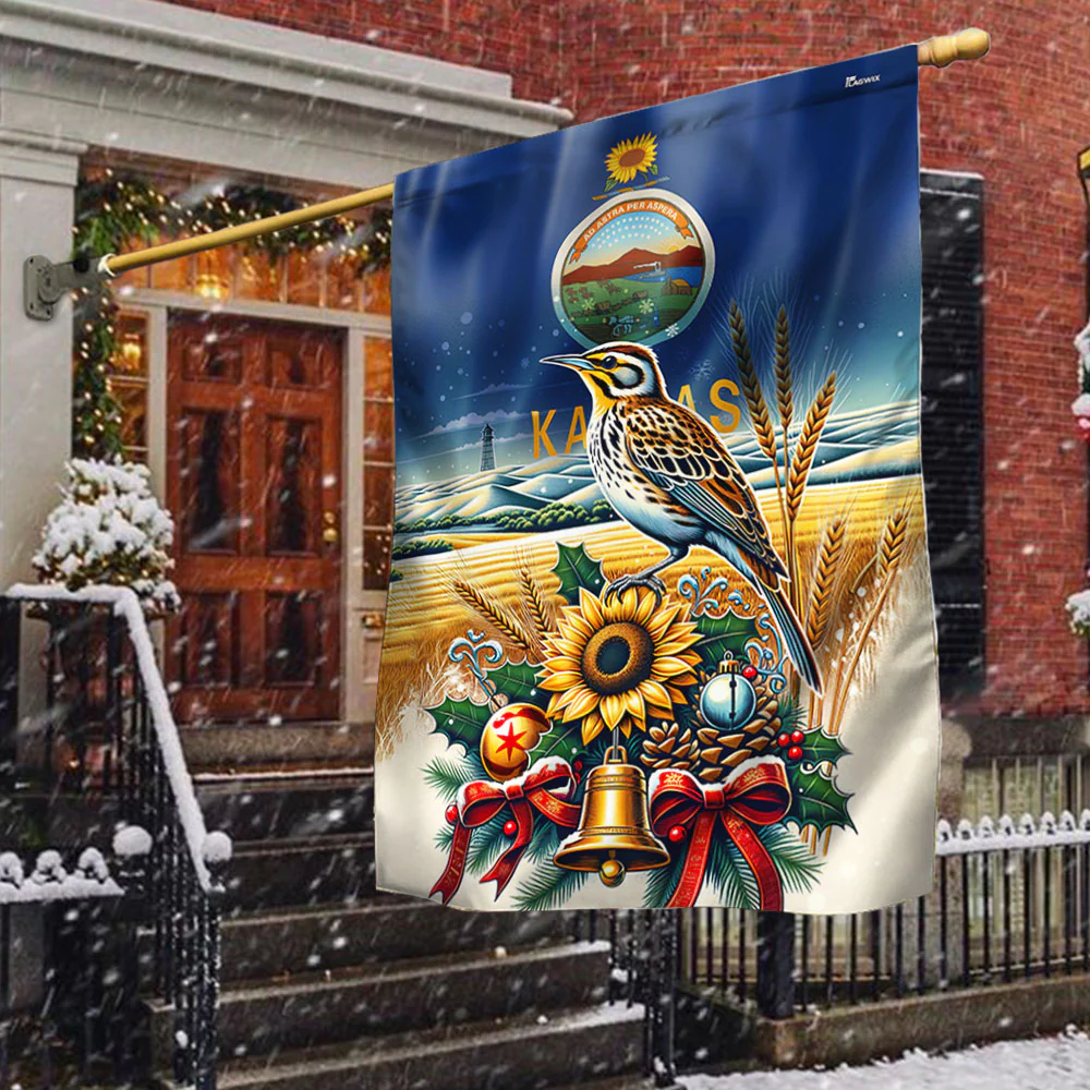 Kansas State Sunflower and Meadowlark Bird Winter Christmas Flag