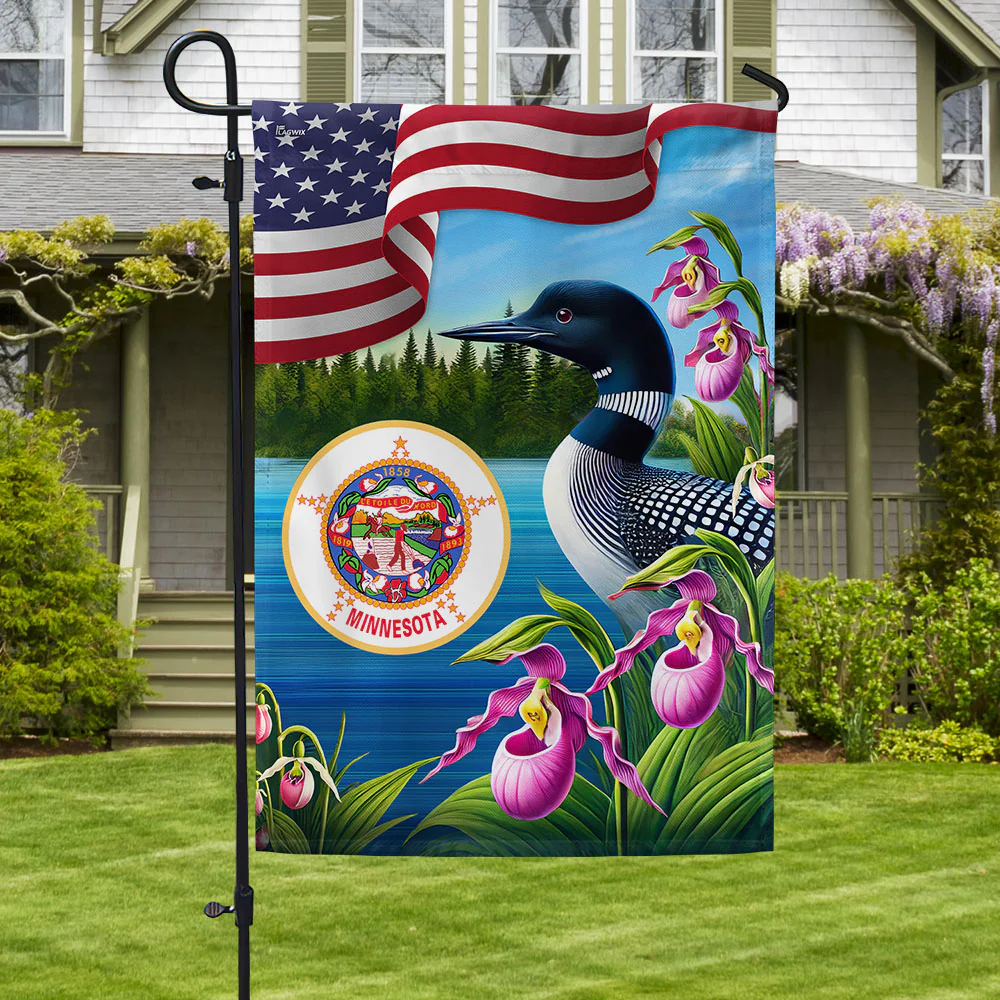 Minnesota State Lady’s Slipper Flower and Loon Minnesota Flag
