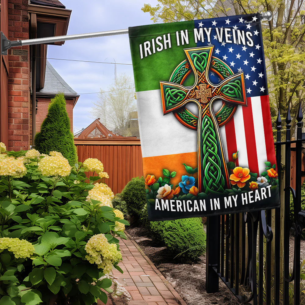 Bimipi  Irish Celtic Knot Cross Flag Irish In My Veins American In My Heart Flag