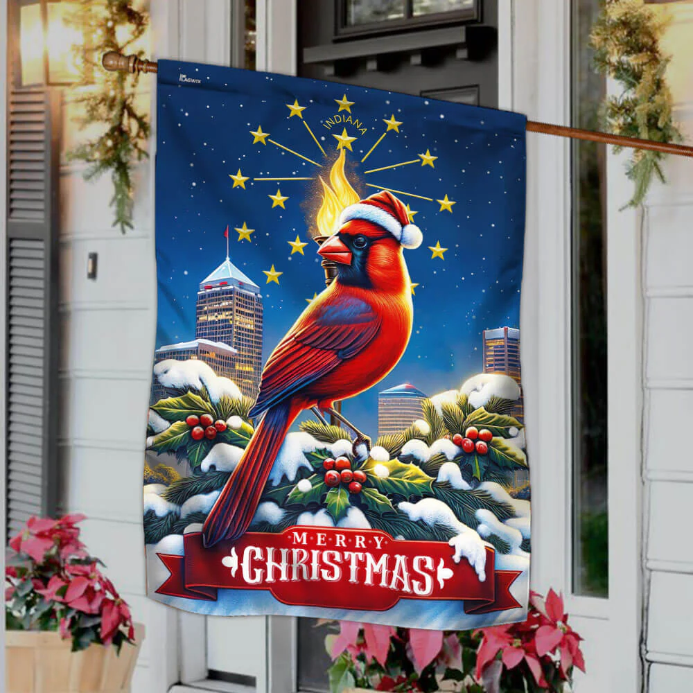 Indiana Christmas Gold Torch and Cardinal Bird Flag