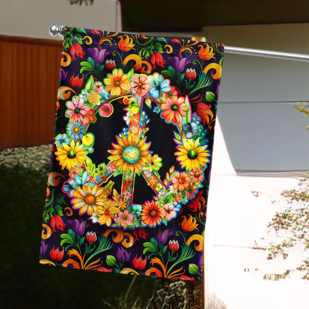 Hippie Flag - Peace Sign Canvas Flag with Boho Flower Print for Indoor Outdoor Decoration