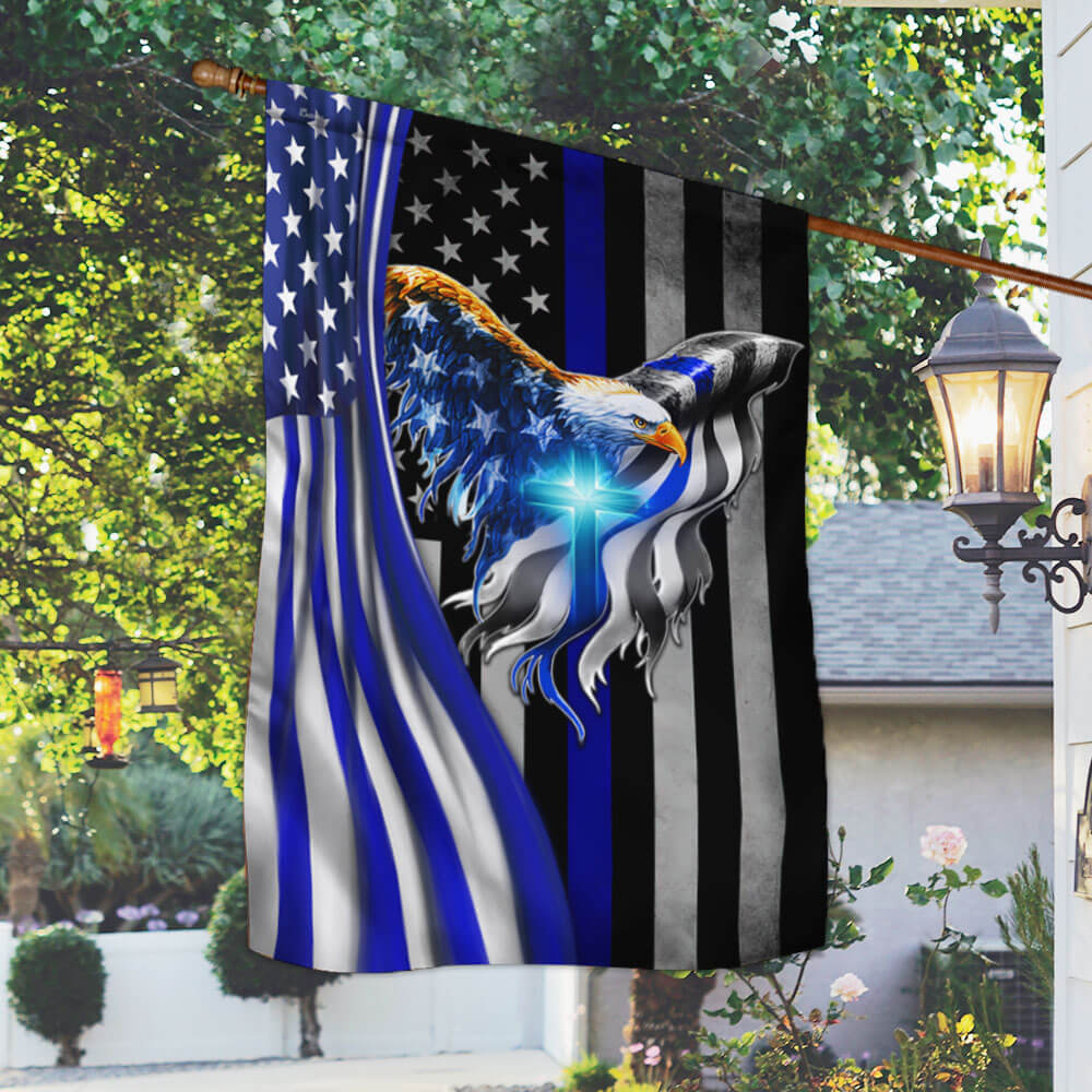 The Thin Blue Line Eagle With Christian Cross American Flag