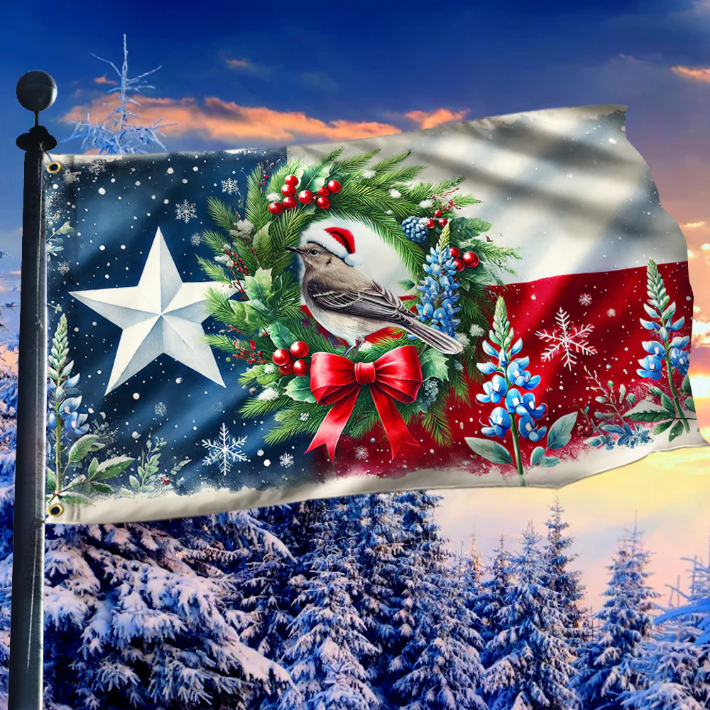 Texas Bluebonnets and Mockingbird Texas Grommet Flag