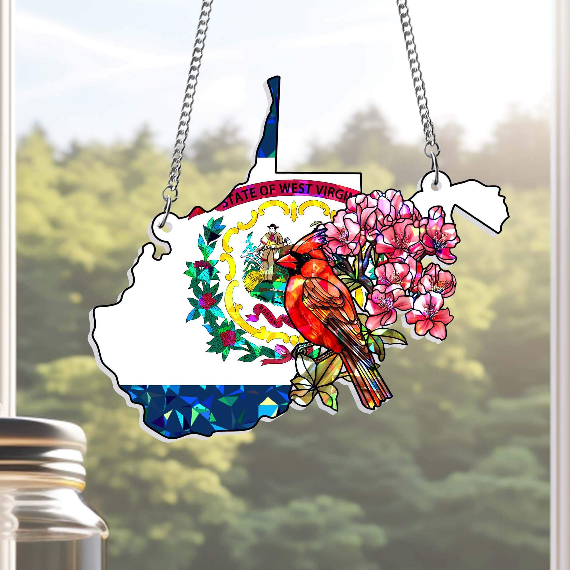 West Virginia Cardinal and Rhododendron Flower  Hologram Window Hanging