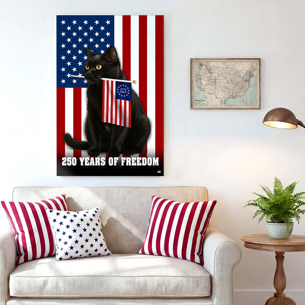 Black Cat Canvas Wall Art, 250 Years of Freedom Historic USA Decor