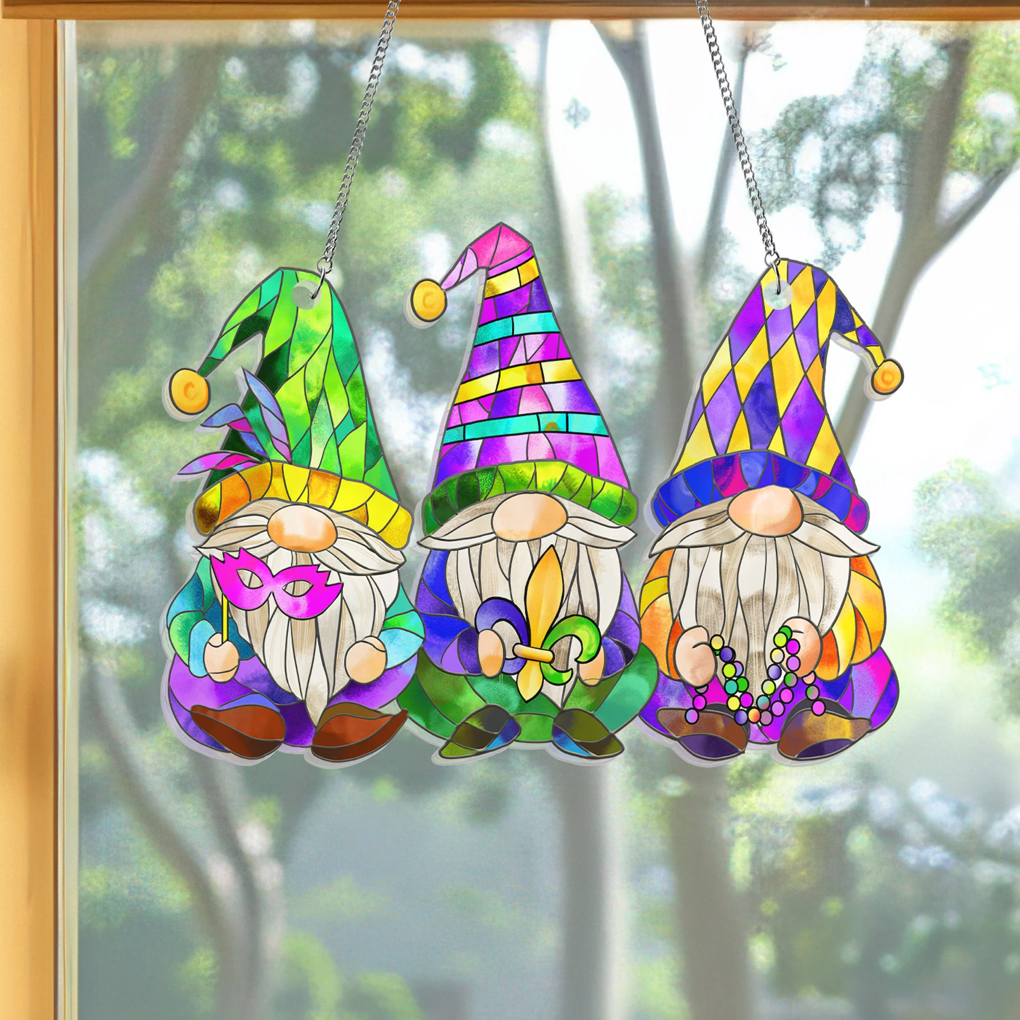 Mardi Gras Gnomes Suncatcher Acrylic Hanging Sign