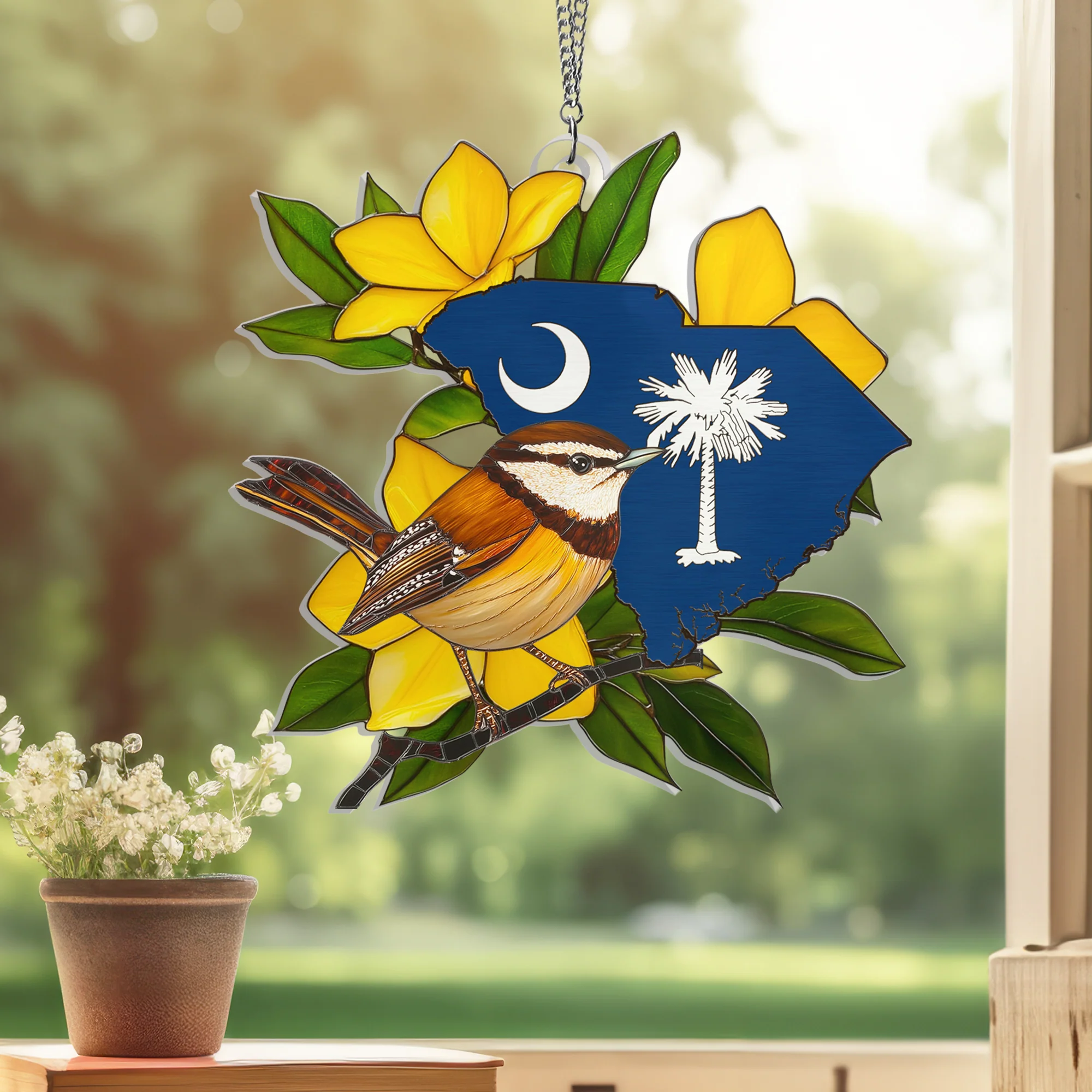South Carolina With Carolina Wren Bird Suncatcher Acrylic Hanging