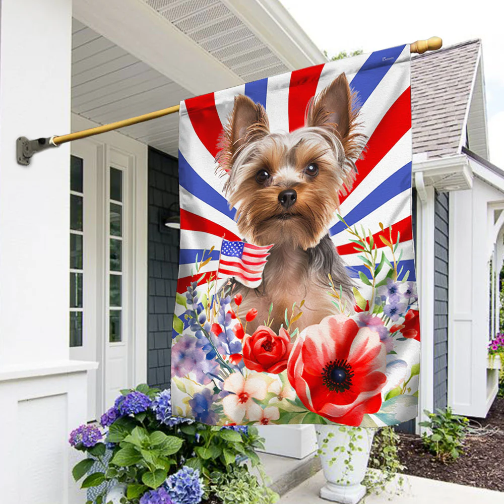 Bimipi American Flag - Patriotic Yorkshire Terrier Flowers 4th Of july Flag TQN1302Fv1