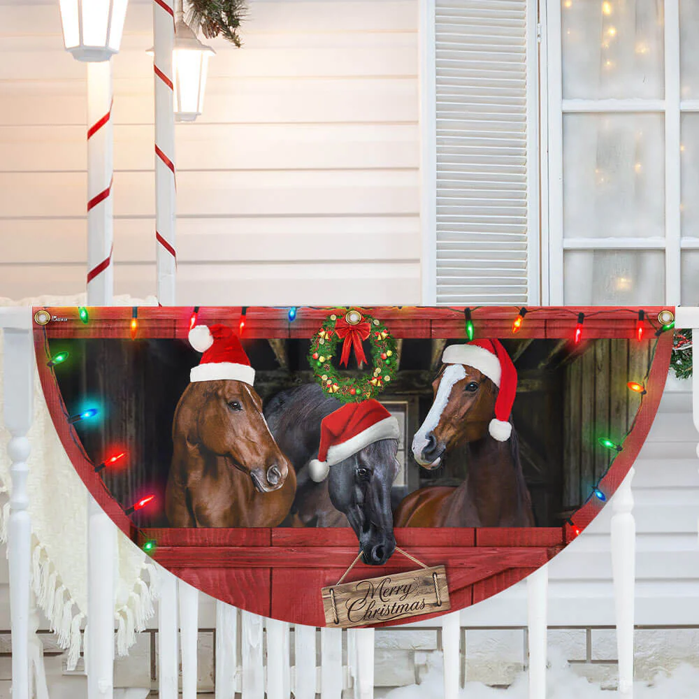 Merry Christmas Horses Farm Non-Pleated Fan Flag  - Perfect Holiday Gift for Farmhouse Decor & Horse Lovers 3-Day Shipping