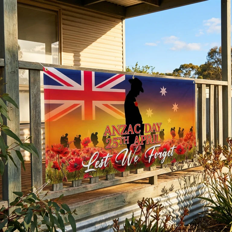 Anzac Day Lest We Forget Red Poppy Soldiers Veteran Australia Memorial Fence Banner