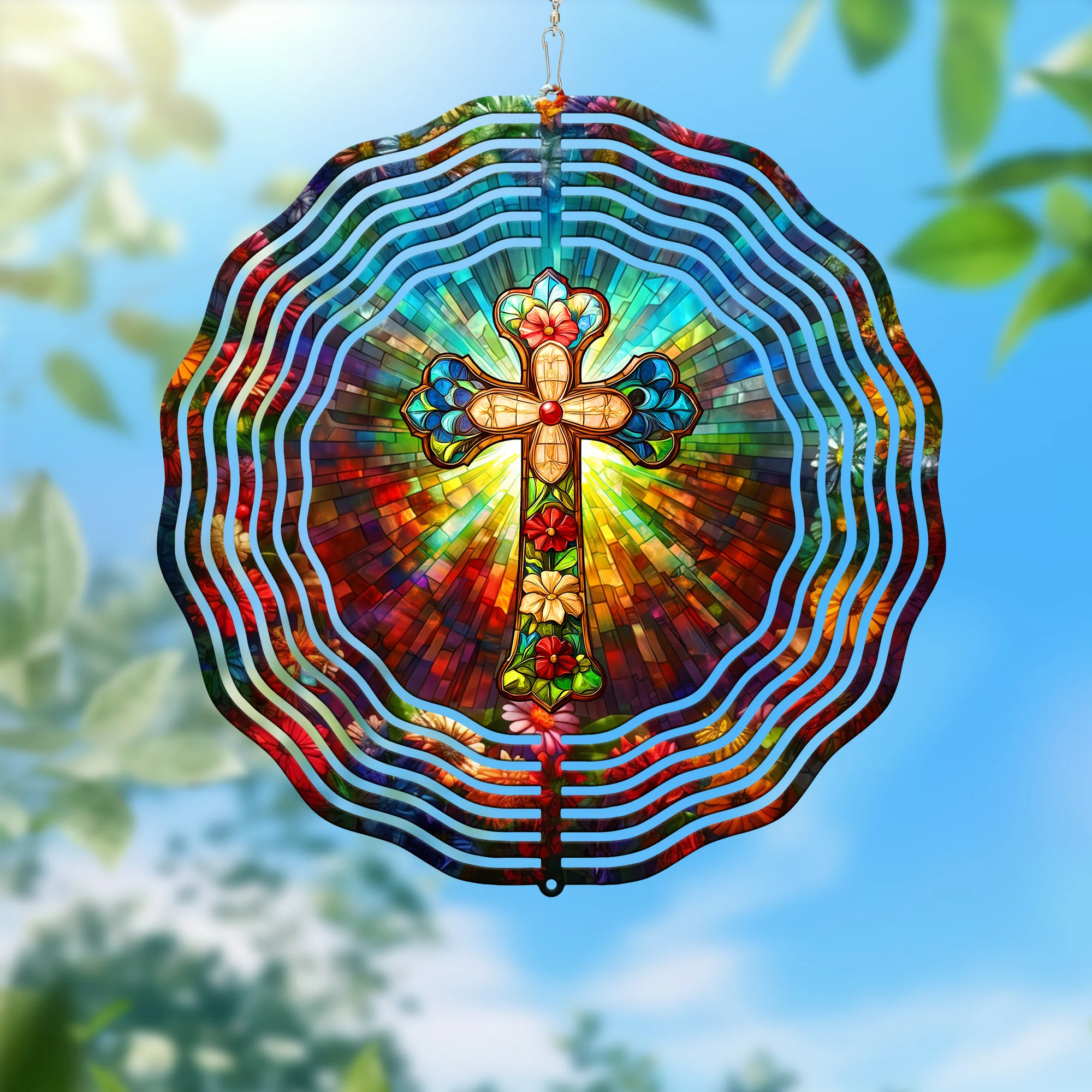 Christian Cross with Flowers Wind Spinner