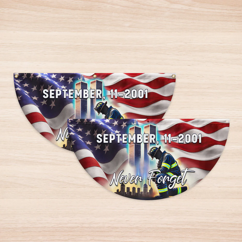 Never Forget 11th September Patriot Day 911 Kneeling Firefighter Non-Pleated Fan Flag
