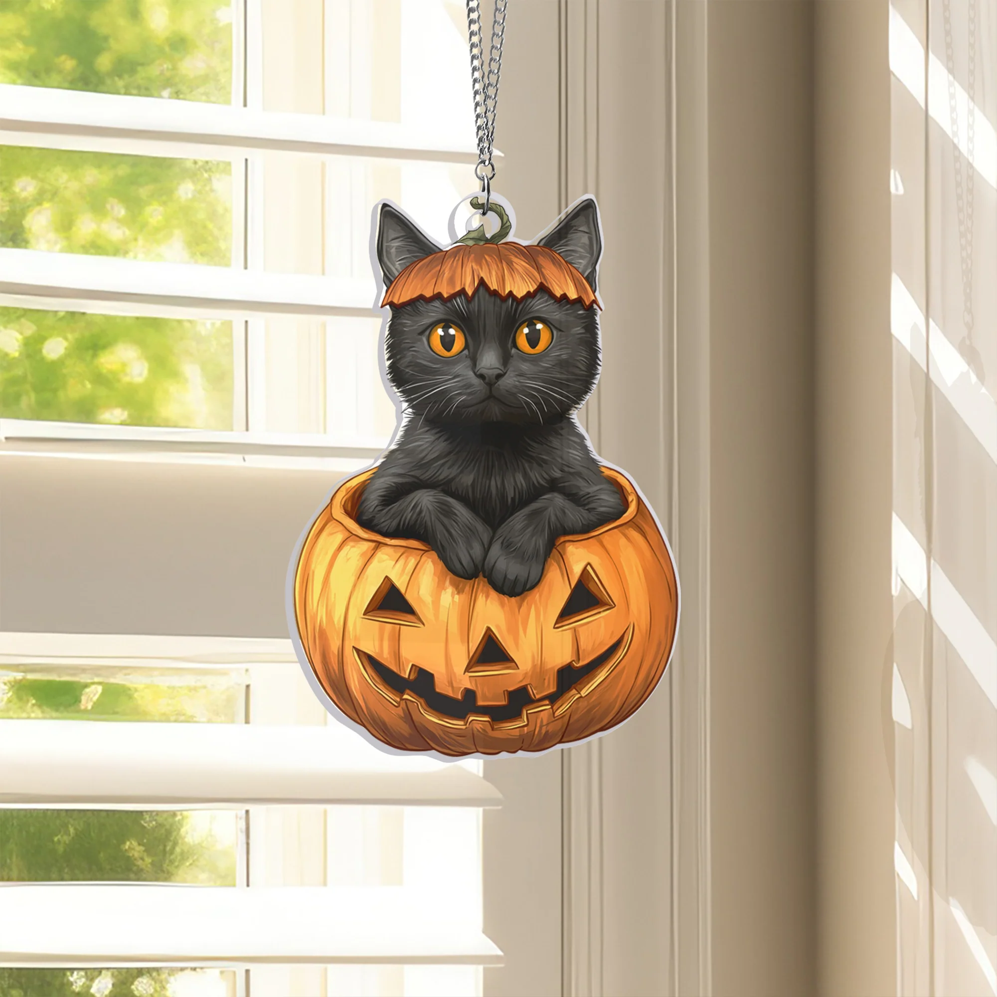 Halloween Black Cat In Pumpkin Suncatcher Acrylic Hanging