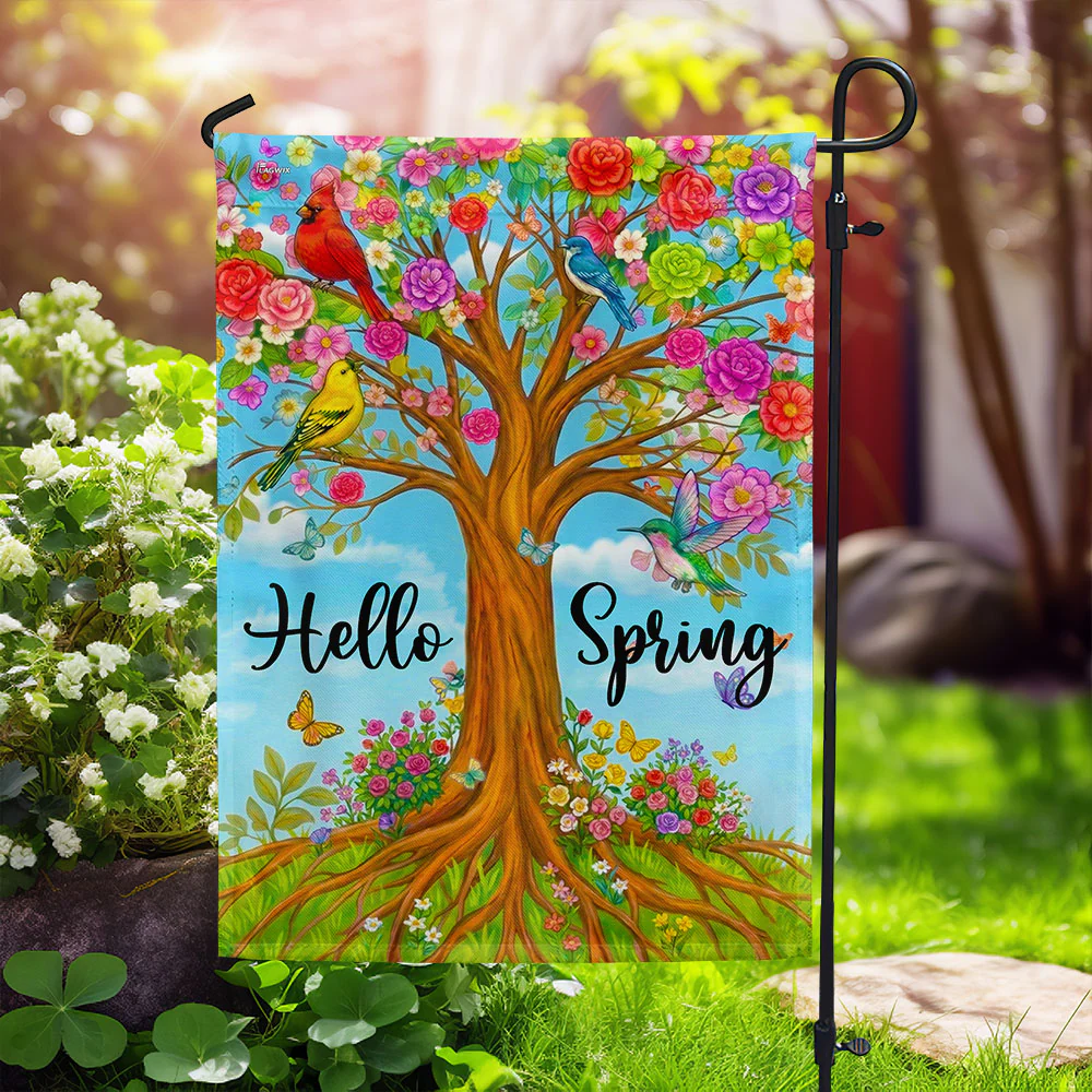 Spring Outdoor Home Decor, Floral Tree of Life Hummingbird Cardinal Flag